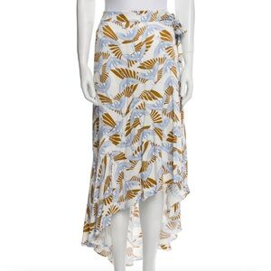 High-Low Wrap Midi Skirt in White with bronze & Light Blue bird wing design